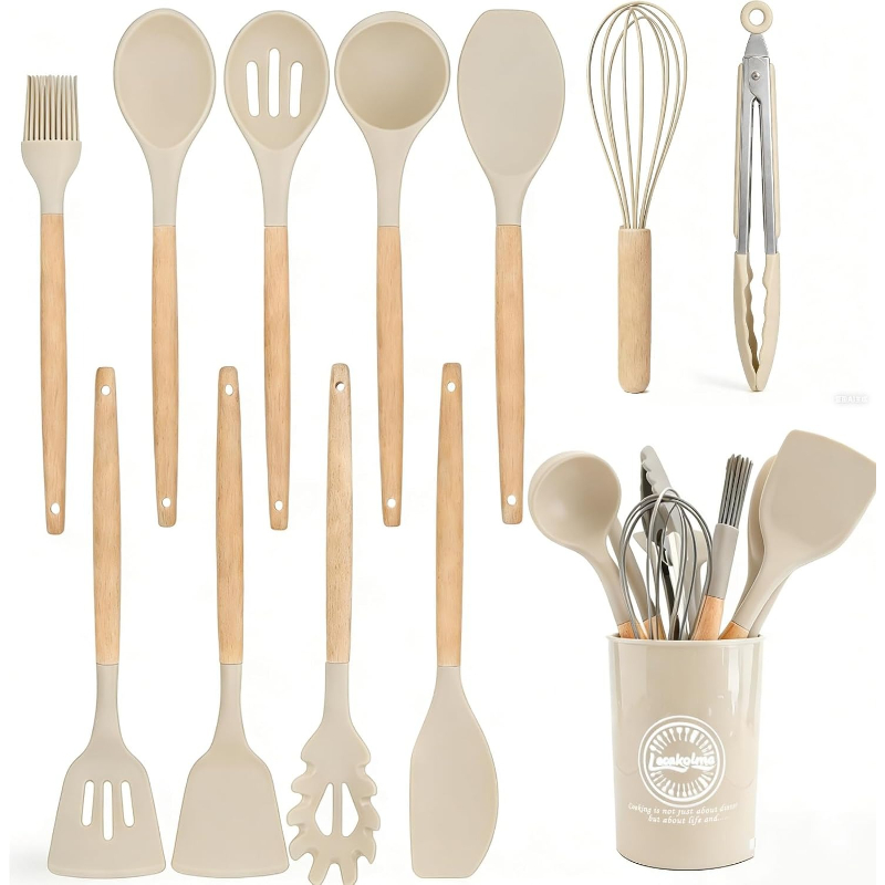 Home Cooking Utensil Set - Ahşap Saplı Silikon Mutfak Gereçleri Seti