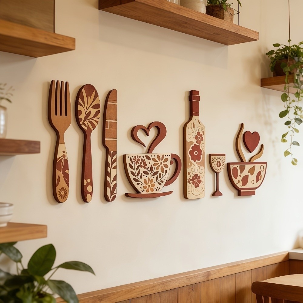 Home Cooking Utensil Set - Vintage Ahşap Çiçek Desenli Mutfak Gereçleri